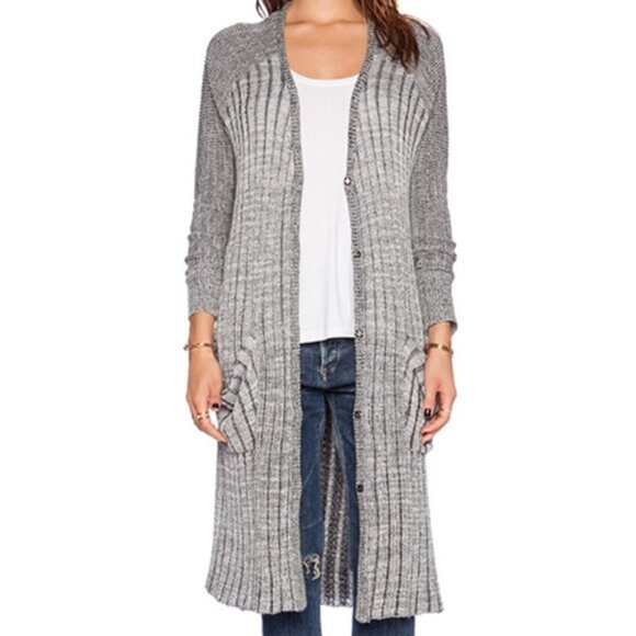 Free People Long Line Lagenlook Ribbed Duster Cardigan Knit Sweater Pockets XS - Picture 1 of 9